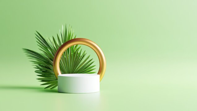 Minimalistic Product Display Podium with Golden Ring and Palm Leaf on Green Background