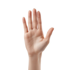 Fototapeta premium A human hand extended with fingers open, showcasing gestures and expressions, isolated on white background.