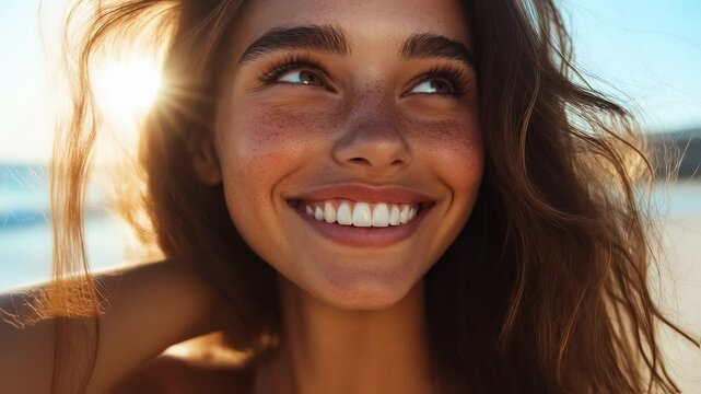Happy young woman smiling portrait with freckles enjoying sunshine at the beach