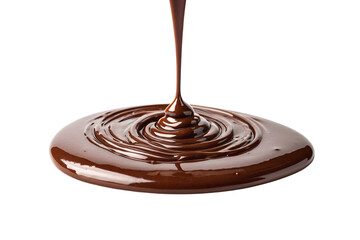 Smooth melted chocolate being poured creating perfect concentric ripples in glossy brown liquid pool, isolated on a transparent background