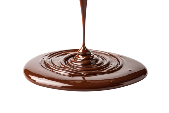 Smooth melted chocolate being poured creating perfect concentric ripples in glossy brown liquid pool, isolated on a transparent background