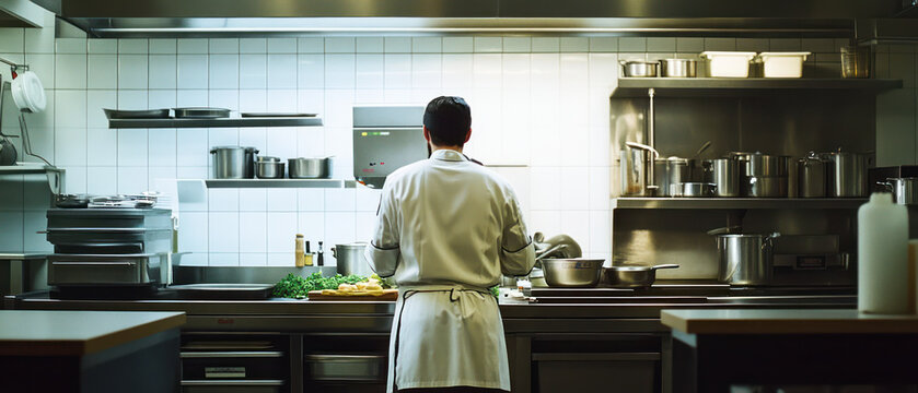 chef prepares fresh ingredients in modern clean kitchen, culinary skills and attention to detail. organized workspace s professional environment in commercial 5 stars restaurant