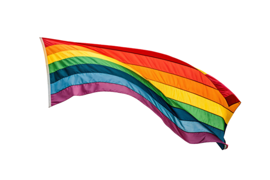 Curved rainbow pride flag displaying vibrant LGBTQ colors flowing in wind motion elegantly, isolated on a transparent background