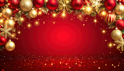Elegant Christmas background with a festive border of red and gold ornaments, sparkling lights, and golden snowflakes on a shimmering red glitter base with copy space.