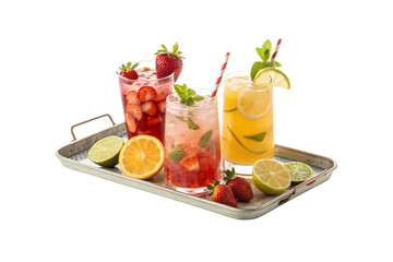 Fototapeta premium Three colorful fruit-infused sparkling beverages with fresh strawberries, citrus, and mint on silver tray, isolated on a transparent background