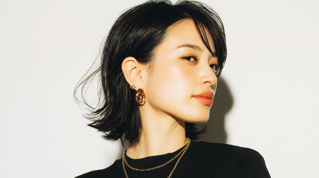 黒髪ショートカットの女性がゴールドアクセを身に着けたポートレート