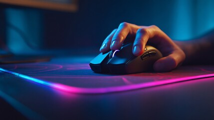 A hand rests on a gaming mouse situated on a mousepad with bright neon reflections and lighting