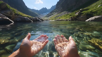 Crystal Clear Waters: Two hand is held over crystal-clear mountain water surrounded by majestic peaks, creating a serene and pristine vista of nature's beauty.