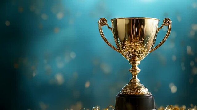 Golden trophy with confetti and bokeh background symbolizes success and achievement