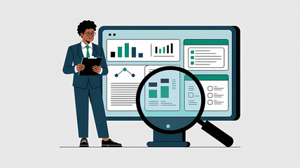 Fototapeta premium business man with a laptop presenting data on monitor with pointing on data analytics report