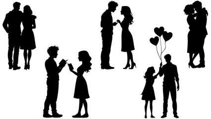 Romantic Silhouette Couple Set - Love, Hugging, Kissing, Balloons, Valentines Vector