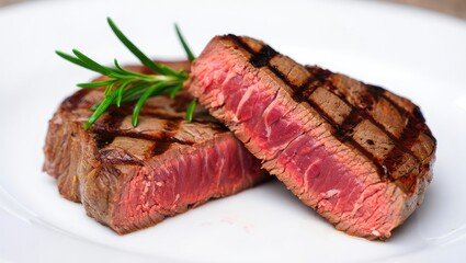 Grilled Steak with Rosemary on a White Plate