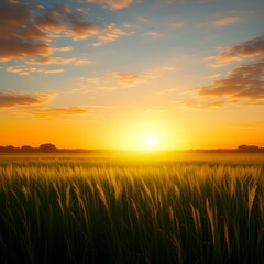 Fototapeta premium Vibrant sunrise over a wheat field with golden sunlight illuminating the lush landscape at dawn's break.