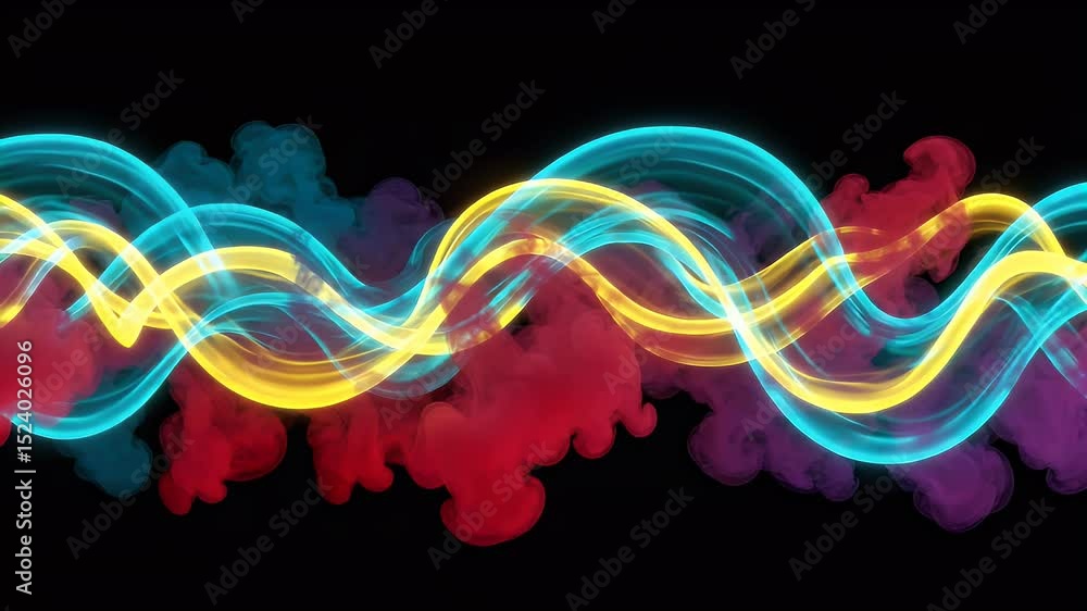 Aufkleber abstract cyan and yellow light waves with red smoke on a black background for modern dynamic design 