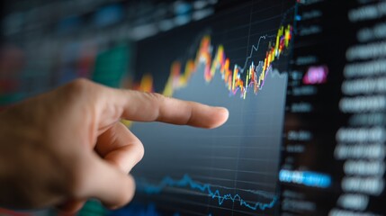 Finger touches a digital screen displaying financial data analysis with dynamic stock charts