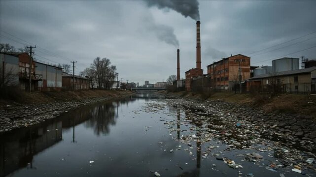 Polluted River Reflecting Industrial Factory: A Bleak Environmental Scene