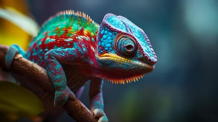 Colorful chameleon with vibrant hues perched on a branch, detailed macro shot