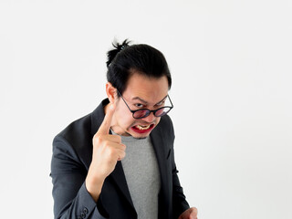Geek nerd business man do angry denying pose on white background.