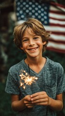 Sparkler boy against American Flag Background. ai generated