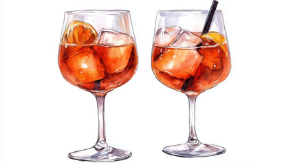 Vector illustration of two glasses with aperol spritz cocktail, watercolor on white background
