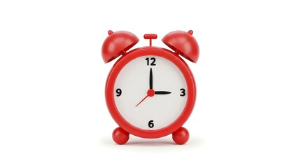  High-quality 3D red alarm clock icon in cartoon plastic style, cute proportions, shiny plastic texture, small round feet, twin bells, centered on white background, minimal design, perfect for mobile 