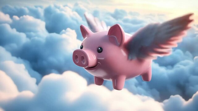 Pink pig with wings flying among fluffy clouds, 3d illustration of flying pigs