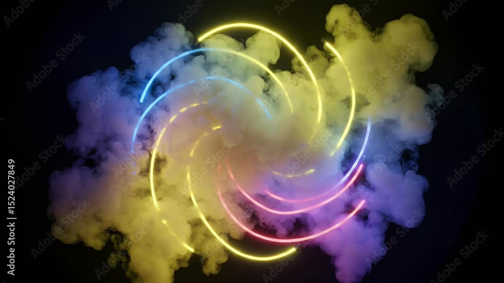 Aufkleber abstract neon circles surrounded by colorful smoke with dynamic lighting style in dark background su