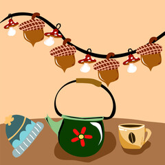  Zestaw jesienny – czajnik, filiżanka, kapelusz, muchomor, żołędzie © Laura