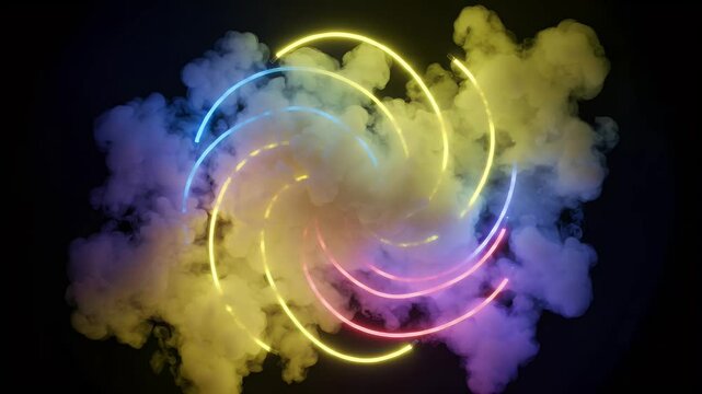 Abstract Neon Circles Surrounded By Colorful Smoke With Dynamic Lighting Style in Dark Background Suitable for Adobe Stock Photo