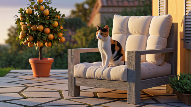 Contented Calico Cat Resting Outdoor Patio Citrus Tree ai generated images ai generative