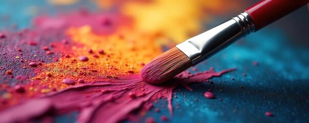Obraz premium Close-up of a paintbrush poised above a vibrant canvas, ready to bring a vision to life, symbolizing the fiery passion and exciting future of artistic creation , color palette, inspiration