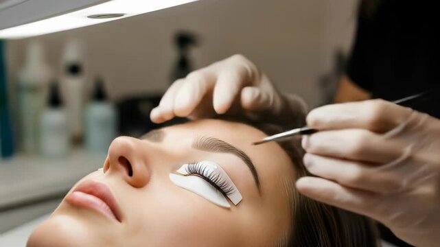 Detailed video shows a beauty technician applying eyelash extensions to a client's eye with precise tools in a professional salon environment. This cosmetic procedure enhances natural lashes.
