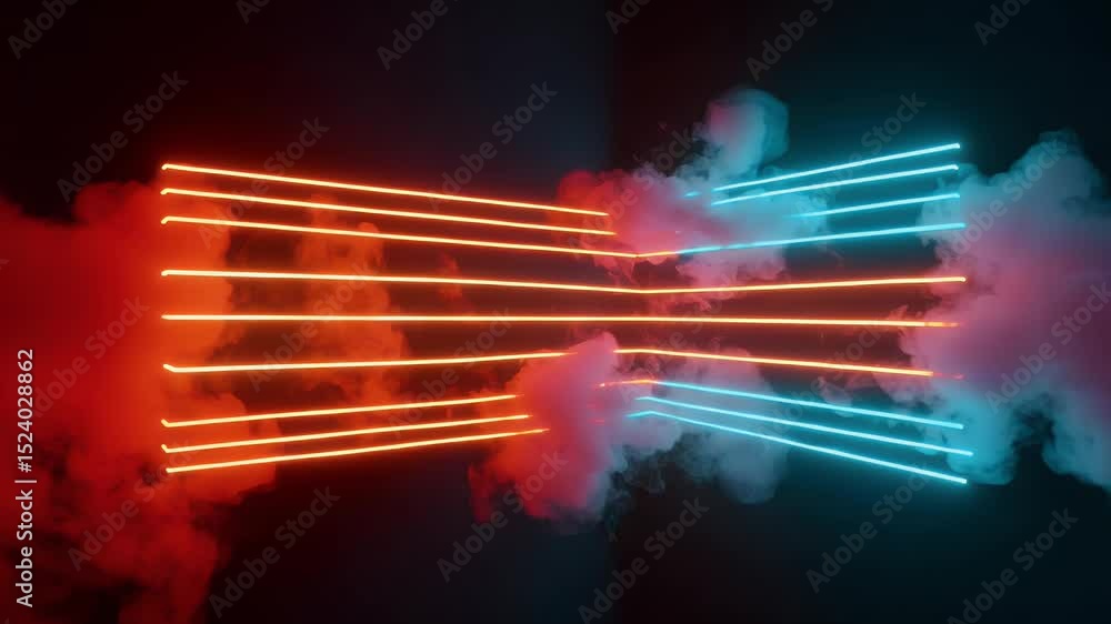Poster abstract neon lines with smoke background featuring red and blue glowing shapes in a modern futurist