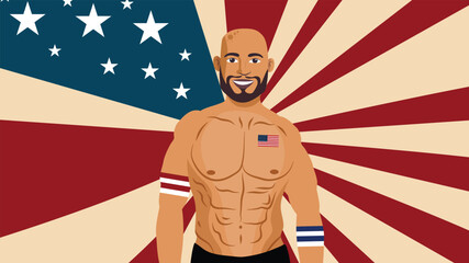 Muscular Patriotic Man with American Flag and Star Background Representing Strength and Freedom