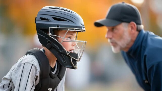 Coach giving advice to young baseball player during practice session with focused expressions