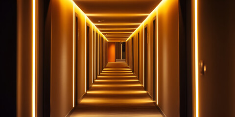  Modern corridor with warm LED lighting, Stylish hallway with soft lighting, Elegant hotel corridor with illuminated walls.