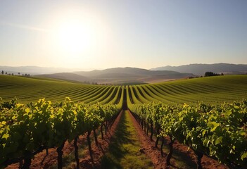 Naklejka premium Sun-drenched rows of grapevines in Utiel-Requena, Spain's Mediterranean landscape, viticulture, vineyards