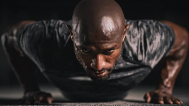 Focused Push-Up: A determined athlete, glistening with sweat, embodies strength and willpower as they execute a powerful push-up in a low-key, intense setting.