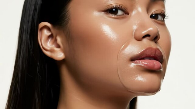A detailed close-up captures a person's face with clear liquid dripping over the chin and mouth area against a bright white background. This beauty concept emphasizes skin hydration and cosmetic.