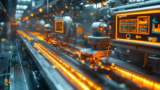 Futuristic manufacturing hub with advanced assembly line robots