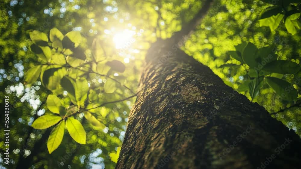 Poster Sunlight filtering through green leaves on a tree trunk in a forest