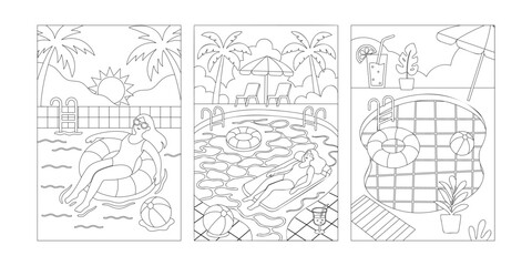 Obraz premium Black and white coloring page version of three summer scenes with pool, palm trees, woman, umbrella and beach ball for kids and relaxation use. Vector illustration