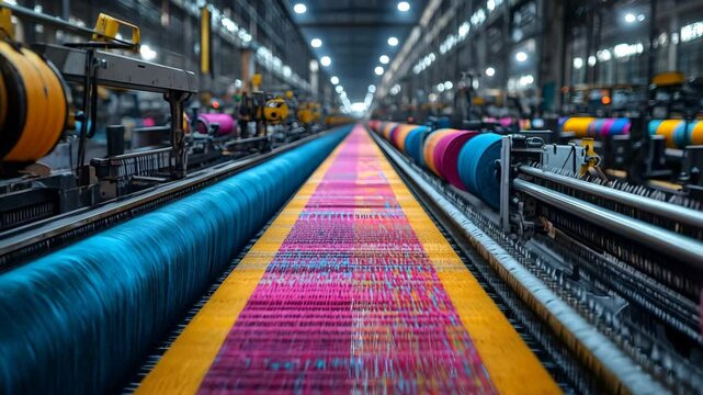Vibrant textile factory with rows of weaving producing fabrics