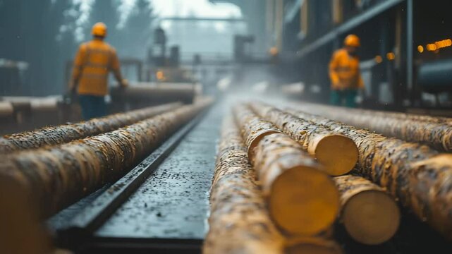 Logs entering a paper mill with fresh sheets emerging