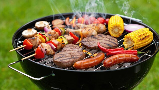 Delicious Grilled Skewers and Steaks on a Backyard Barbecue - Powered by Adobe