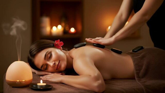 A woman receives a hot stone back massage in a warm spa. Candles and an aroma diffuser add to the ambiance. This video is perfect for promoting spa and wellness services. It conveys deep relaxation.