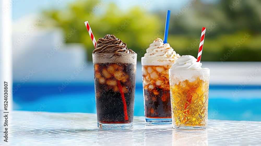 Poster a pair of drinks rest atop a table with a pool as the backdrop