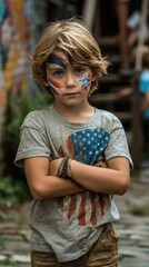 4th of july celebration on the street, woman face painted as american flag. ai generated