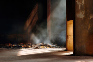 Warehouse corner filled with ash burnt walls and smoke with sunlight casting shadows creating dramatic scene