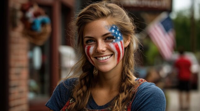 4th of july celebration on the street, woman face painted as american flag. ai generated